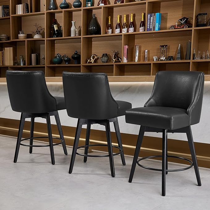 Counter Height Bar Stools Set of 4, Swivel Barstools with Backs and Wood Legs, Faux Leather Upholstered Counter Stools for Kitchend Island, Mid-Century Modern 26" Seat Height Bar Chairs, Black
