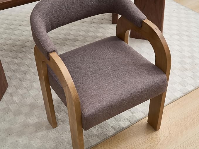 Farmhouse Dining Chairs Set of 4 - Upholstered Armchairs with Linen Cushions & Curved Wooden Arms, Barrel Wood Kitchen Chairs for Dining Room/Cafe/Kitchen Island (Espresso Brown)