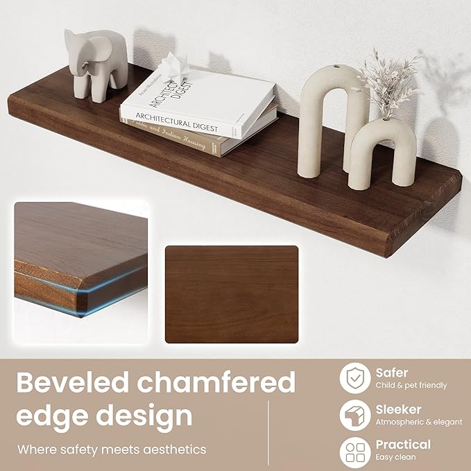 Axeman 36Inch Natural Wood Floating Shelves for Wall|Rustic Wooden Shelves for Bedroom Kitchen Bathroom|Storage Shelf with Invisible Bracket for Wall Mounted|Set of 1|Walnut Color