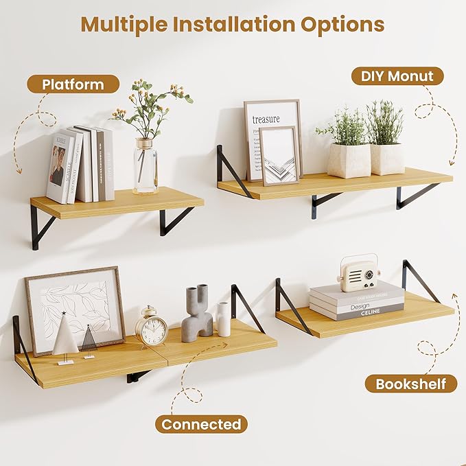 Acovy Deep Floating Shelves for Wall,36" Wx10 D Wood Wall Shelves with Metal Brackets,Hanging Storage Floating Shelf for Living Room,Bedroom,Bathroom,Office,Kitchen,Oak