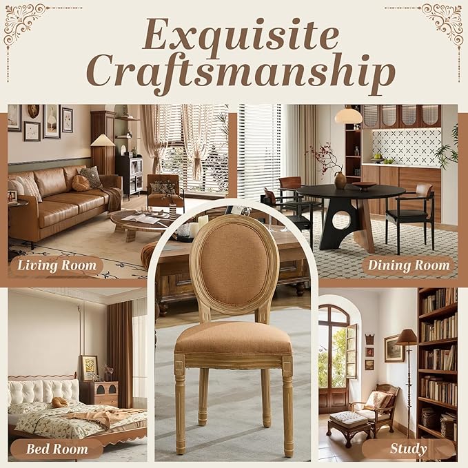 SoarFlash French Dining Chairs Set of 2, Vantage Linen Dining Chair with Round Back, Wood Leg Farmhouse Country Dining Chair for Living Room,Kitchen,Bedroom,Brown