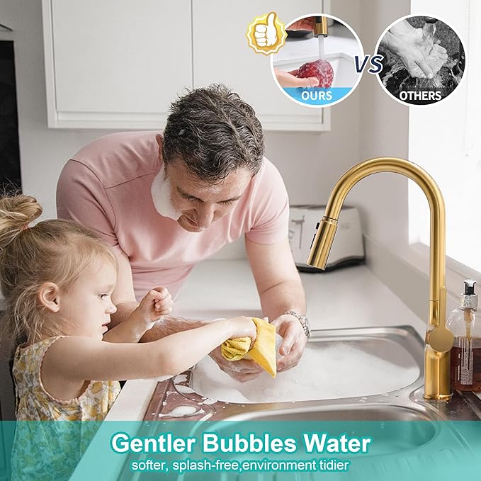 Brushed Gold Kitchen Faucet, Single Handle Gold Kitchen Sink Faucet with Pull Down Sprayer Modern Stainless Steel Brass Gold Faucet with Deck Plate 3-Function Spray Head 1 or 3 Hole