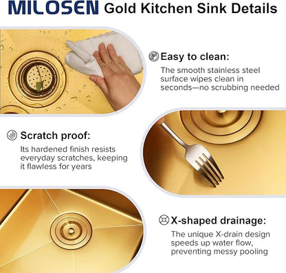 MILOSEN 33''x22'' Gold Double Bowl Kitchen Sink, 50/50 T304 Stainless Steel Drop in Gold Kitchen Sinks, Topmount Large and Deep Workstation Sink, Handmade Low-Divide Double Basin with Accessories