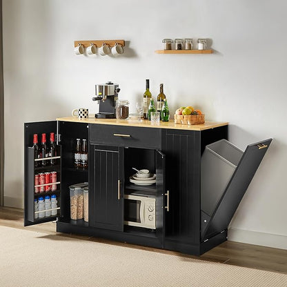 GOWE 53'' Kitchen Storage Islands with Drawers and Trash Can Storage for Kitchen & Dining. Modern Farmhouse Design, Black, 53.2" W x 20.9" D x 38.0" H.