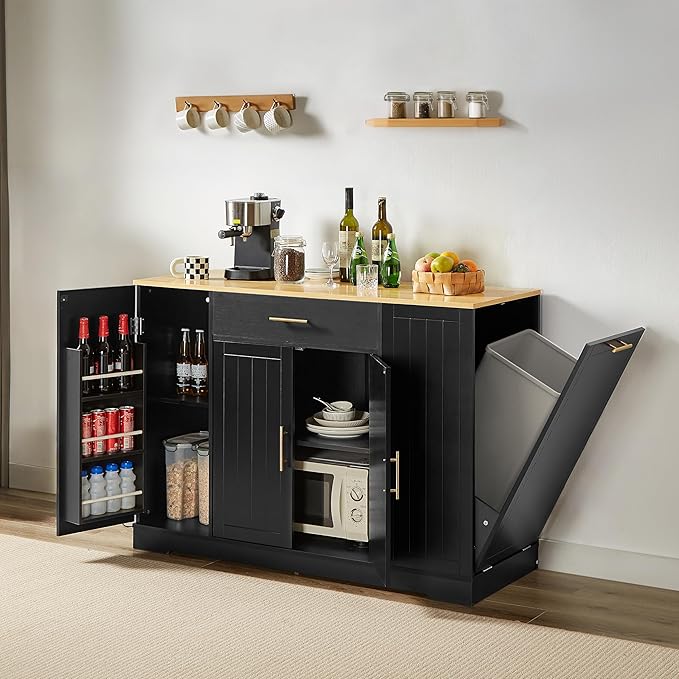 53 inch Large Kitchen Island Cart with Trash Can Storage Cabinet,Drawer and Adjustable Shelves,Breakfast Bar Cabinet for 13 Gallon Garbage Bin (Black+Oak@w)