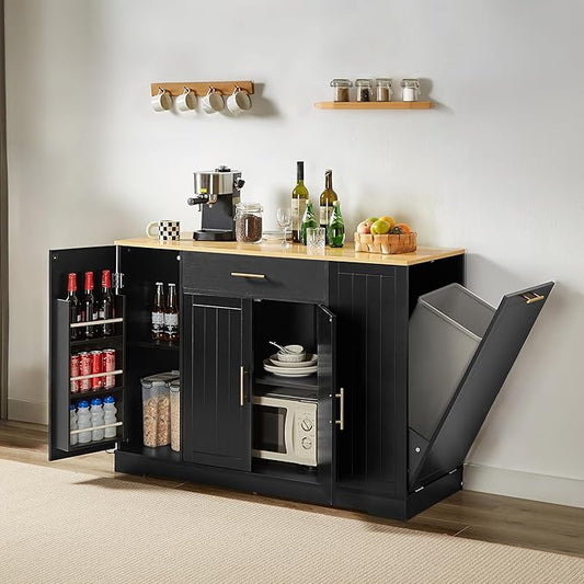 53 inch Large Kitchen Island Cart with Trash Can Storage Cabinet,Drawer and Adjustable Shelves,Breakfast Bar Cabinet for 13 Gallon Garbage Bin (Black+Oak@w)