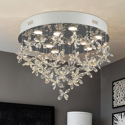 9-Lights Modern Chandelier K9 Crystal Lighting Fixture,20 Inch Round Silver Stainless Steel Flush Mount Ceiling Lights for Bedroom Foyer Hallway Dining Room,GU10 Bulbs Include