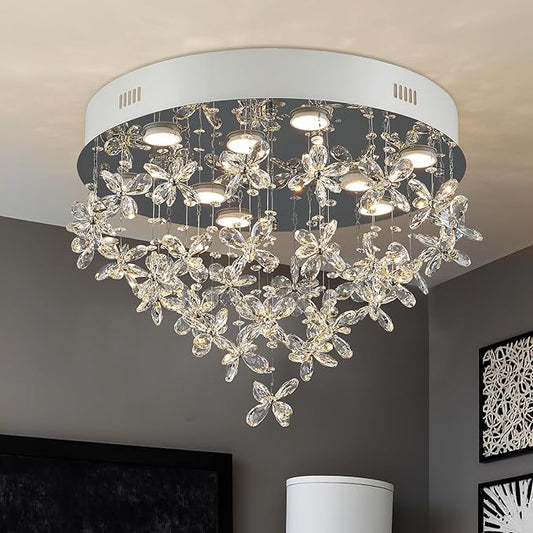 9-Lights Modern Chandelier K9 Crystal Lighting Fixture,20 Inch Round Silver Stainless Steel Flush Mount Ceiling Lights for Bedroom Foyer Hallway Dining Room,GU10 Bulbs Include