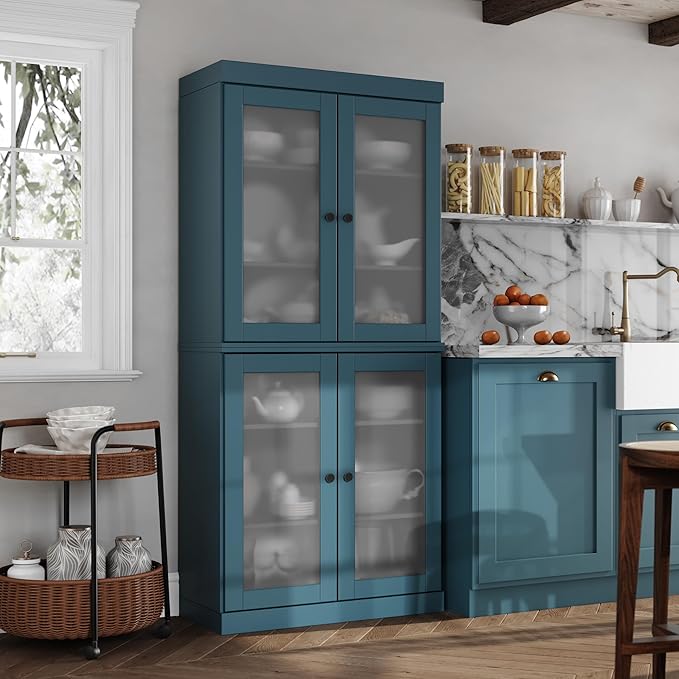 Palace Imports 100% Solid Wood Kitchen Pantry w/ 4 Frosted Glass Doors, Teal Blue, 32" w x 71.5" h, Renewable Eco-Friendly Wood, Made in Brazil