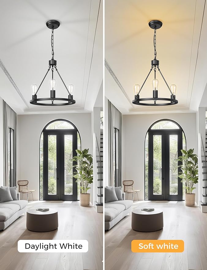 L LOHAS LED Black Farmhouse Chandeliers for Dining Room, 3-Light Wagon Wheel Chandelier Over Table, Height Adjustable, 16" Dining Room Light Fixtures, Modern Chandelier for Kitchen Island Living Room