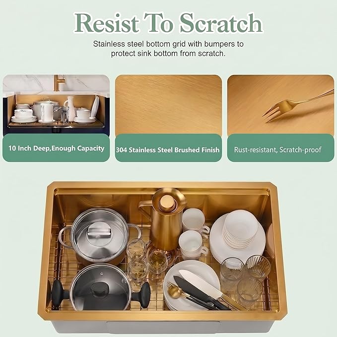 Gold Undermount Kitchen Sink 28 x 18 Inch, 16 Gauge SUS304 Stainless Steel All In One Workstation Sinks with Ledge & Accessories, 28" x 18" x 10" Handmade Single Bowl Gold Kitchen Sink