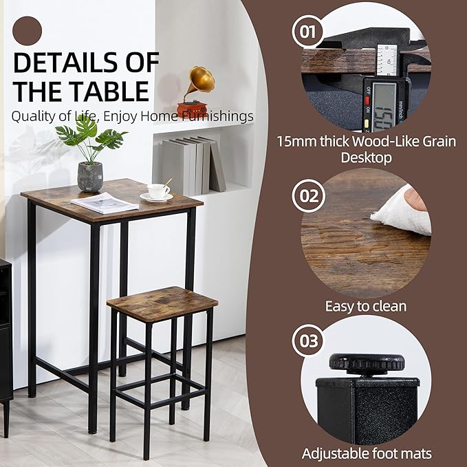 Finnhomy Bar Table, 23.6" Pub High Top, Square Bar Height, Counter Height Cocktail, Small Kitchen Set for 2, Breakfast for Kitchen, Living Room, Rustic Brown