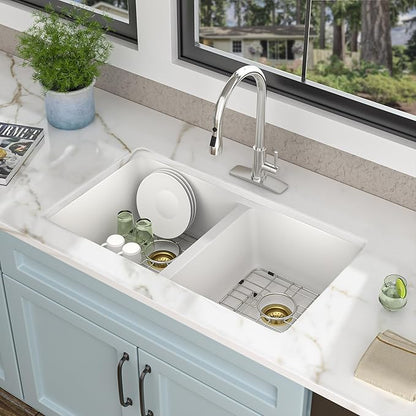 33"x19" Granite Composite Kitchen Sink Double Bowl – White Undermount Double Bowl 50/50 Quartz Classic Composite Under Counter Sink Basin