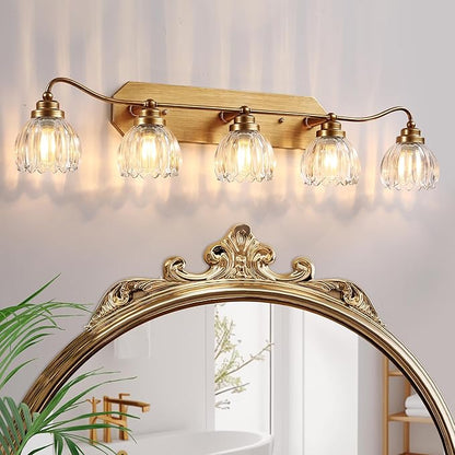 Vintage Bathroom Light Fixtures, 5 Light Gold Bathroom Vanity Light, Matte Antique Brass Finish with Crystal Glass Shade, Wall Sconces Lighting for Bedroom, Living Room, Hallway