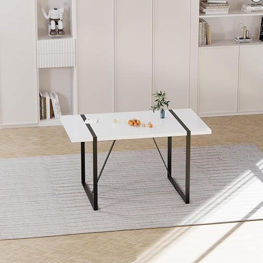 55" Stain-Resistant Dining Table, Kitchen Table with Metal Legs, Dinner Tables with Stable Frame for Dining Room & Living Space, White