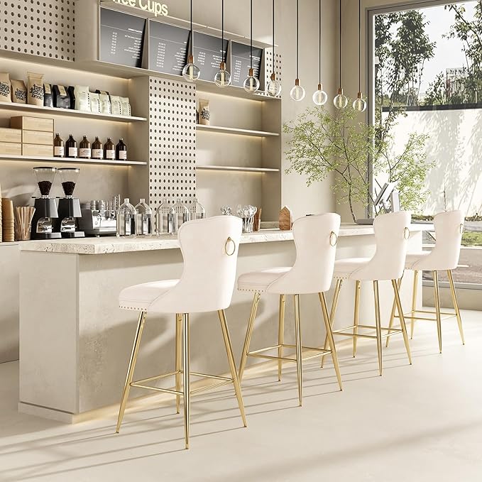 Bar Stools Set of 2, Velvet Counter Height Bar Stools with Metal Legs, Button Tufted and Nailheads Trim, Wing Back Bar Chairs for Kitchen Island Dining Room Pub, Beige GO62