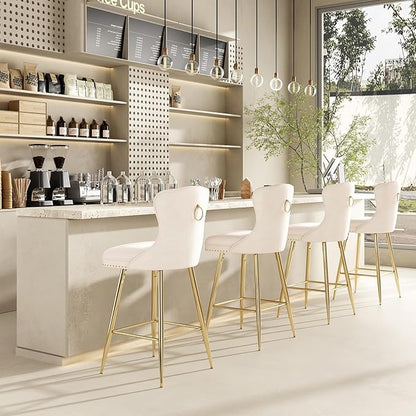 Bar Stools Set of 2, Velvet Counter Height Bar Stools with Metal Legs, Button Tufted and Nailheads Trim, Wing Back Bar Chairs for Kitchen Island Dining Room Pub, Beige GO62