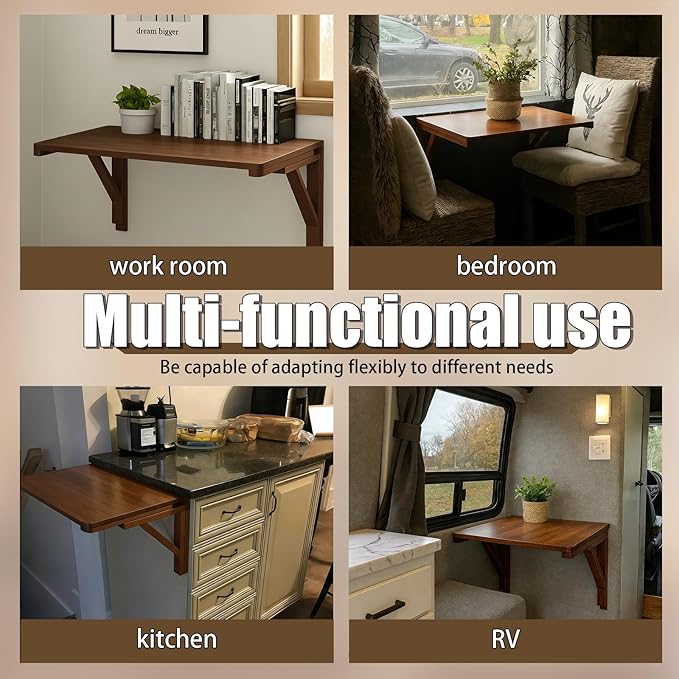 MM MELISEN Floating Desk - 30x20 Inch, Walnut Finish Wall-Mounted Desk for Home Office or Bedroom Work. Solid Wood Drop-Leaf Design. Folds up neatly for Small Space Living