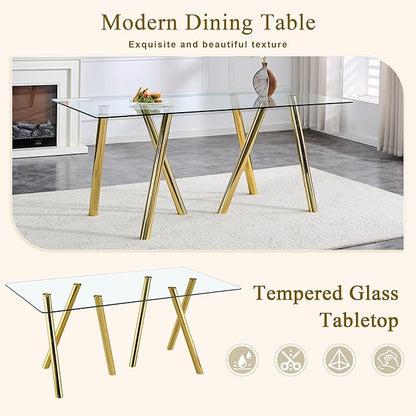 71" Glass Gold Dining Table for 4 6, Modern Kitchen Dining Room Table with 0.39" Thick Tempered Glass Tabletop and Metal Legs, Large Rectangle Dinner Tables for Home Kitchen Living Room