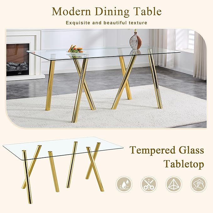 Glass Dining Table for 4 6 8 Pepole,71 Inch Rectangle Kitchen Dining Room Table with 0.39" Thick Tempered Glass Tabletop & Metal Legs, Modern Glass Top Gold Dinner Table for Dining Room