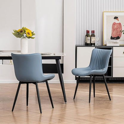 Kidol & Shellder Dining Chairs Set of 2, Mid Century Modern Kitchen Chairs with Black Metel Legs, PU Leather Upholstered Side Chair for Dining Room, Living Room, Lounge, Restaurant, Blue