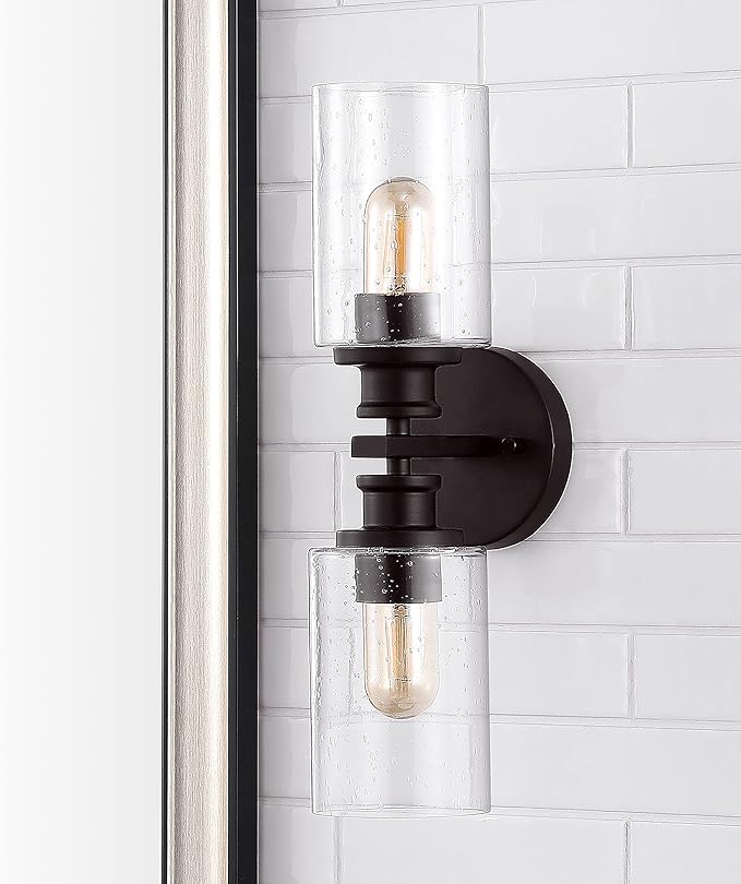 JONATHAN Y 16.5" Oil Rubbed Bronze 2-Light LED Wall Sconce, Modern Farmhouse Vanity Light with Seeded Glass Shade, Industrial Iron Fixture for Bathroom Mirror, LED Bulbs Included (JYL7577B)