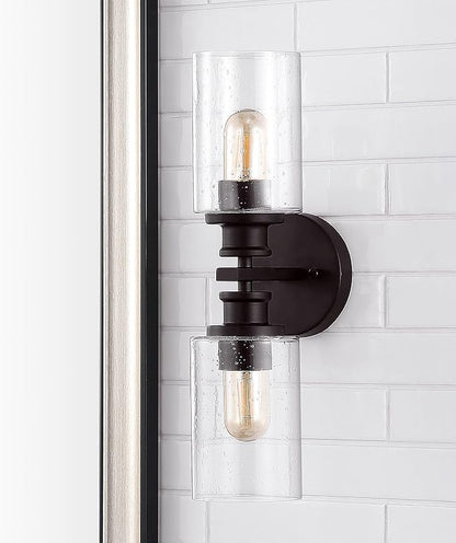 JONATHAN Y 16.5" Oil Rubbed Bronze 2-Light LED Wall Sconce, Modern Farmhouse Vanity Light with Seeded Glass Shade, Industrial Iron Fixture for Bathroom Mirror, LED Bulbs Included (JYL7577B)