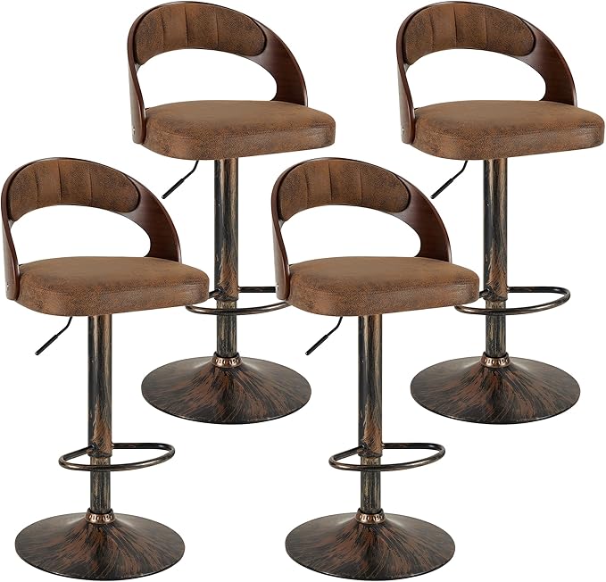 VECELO Bar Stool Set of 4, Kitchen Island Stools with Bentwood Back,Arm&Footrest,360°Swivel Counter Height Stools,PU Leather Cushion Seat Adjustable Height for Club Pub&Kitchen, Rustic Brown
