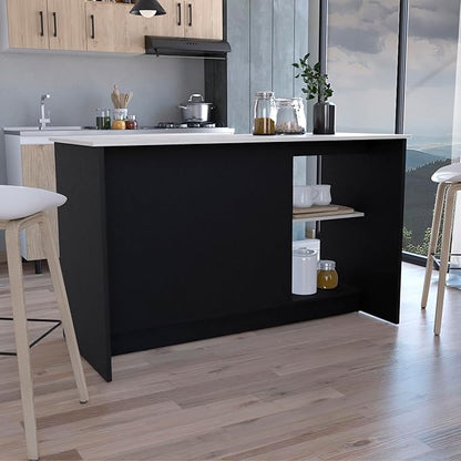 GOWE Juniper Kitchen Island with Large Top Surface, Double Door Cabinet, and Open Shelves Black/Ibiza Marble