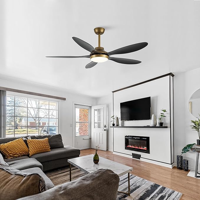 52" Smart Ceiling Fan with Light and Remote, Gold Modern Ceiling Fan with Black ABS Blades, Reversible DC Motor, 6-Speed LED Fan with 3-Color Temperature Lighting, Downrod Mount