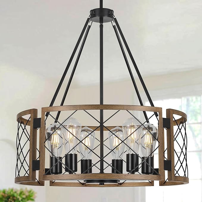 Sigaitwei 6-Light Large Farmhouse Chandelier Brown Rustic Chandelier for Dining Room Wood Texture Adjustable Pendant Light,Drum Chandelier for Kitchen Island Entryway Bedroom Hallway,21.7'',E26.