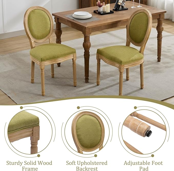 Linen Wooden Dining Chair Set of 6, Upholstered Farmhouse Dining Chair with Solid Wood Frame, Kitchen & Dining Room Chairs for Living Room, Restaurant, Bedroom (Green-Padded, Set of 6)