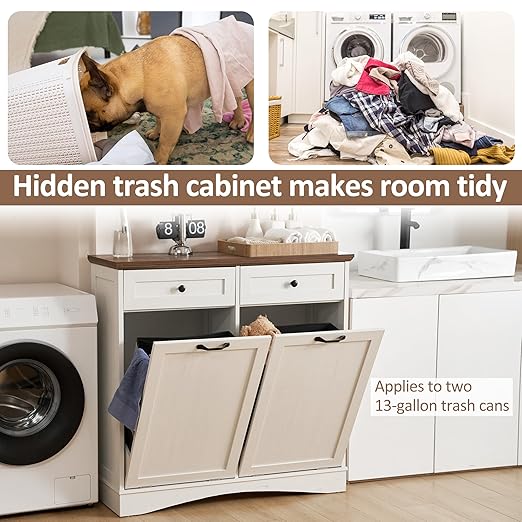 Double Tilt Out Trash Cabinet Freestanding Wooden Garbage Can Cabinet with Hideaway Drawers, 2x13 Gallons Pet Proof Garbage Can Holder for Kitchen Living Room