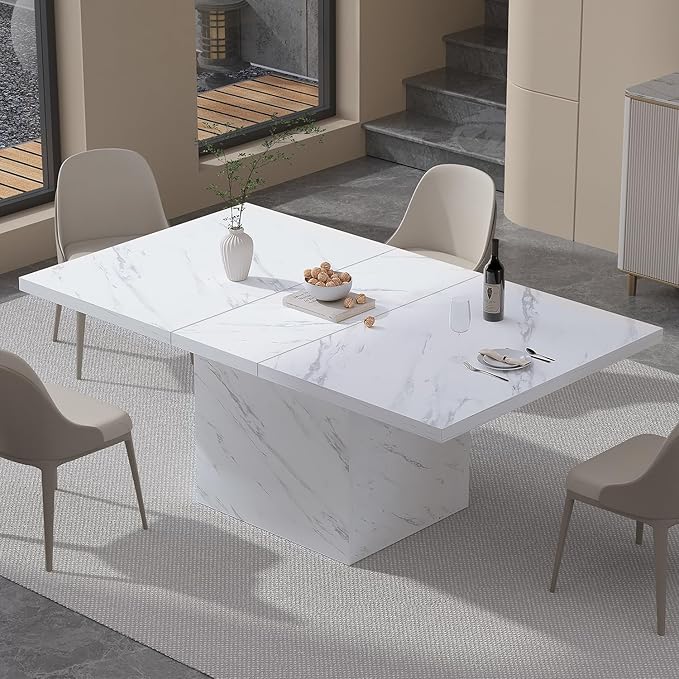 HSH 55 inch Dining Table for 4, Modern White Faux Marble Dining Room Table, Rectanglur Kitchen Table with Heavy Duty Pedestal, Wooden Eating Dinner Desk for Home,Living Room, White Marble, 55 Inch