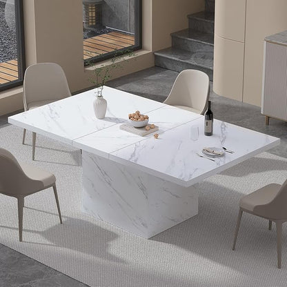 HSH 55 inch Dining Table for 4, Modern White Faux Marble Dining Room Table, Rectanglur Kitchen Table with Heavy Duty Pedestal, Wooden Eating Dinner Desk for Home,Living Room, White Marble, 55 Inch