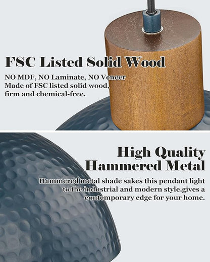 ELYONA Modern Hammered Pendant Light Fixtures with 12" Metal Shade Solid Wood Dome Hanging Pendant Light for Farmhouse Kitchen Island Dining Room Sink Bedroom Hallway Medium 2 Pack Blue