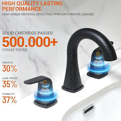 Pull Down Bathroom Faucet Black- Matte Black Sink Faucet with Sprayer, Bathroom Pull Out Faucets, 2-Handles Widespread Vanity Faucets 3 Hole 8 Inch 360 Swivel Spout with Pop-up Drain & Lines