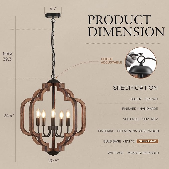 20.5" Farmhouse Vintage Chandelier 5-Light for Dining Room Rustic Handmade Wood Hanging Ceiling Pendant Light Fixture for Entryway Brown Retro Chandeliers for Kitchen Bedroom Foyer Hallway