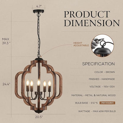 20.5" Farmhouse Vintage Chandelier 5-Light for Dining Room Rustic Handmade Wood Hanging Ceiling Pendant Light Fixture for Entryway Brown Retro Chandeliers for Kitchen Bedroom Foyer Hallway