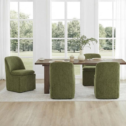 KISLOT Upholstered Dining Chairs Set of 2 with Casters, Modern Side Armless Deskchair with Washable Slipcover & Sturdy Metal Frame for Diningroom Bedroom Livingroom Reading Room, Green Fabric