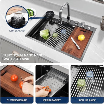 33inch Waterfall Kitchen Sink Drop In Metal Black -Feibus 33x22x10 with Faucet Combo Double Step Workstation 16 Gauge Multifunctional Stainless Steel Single Bowl