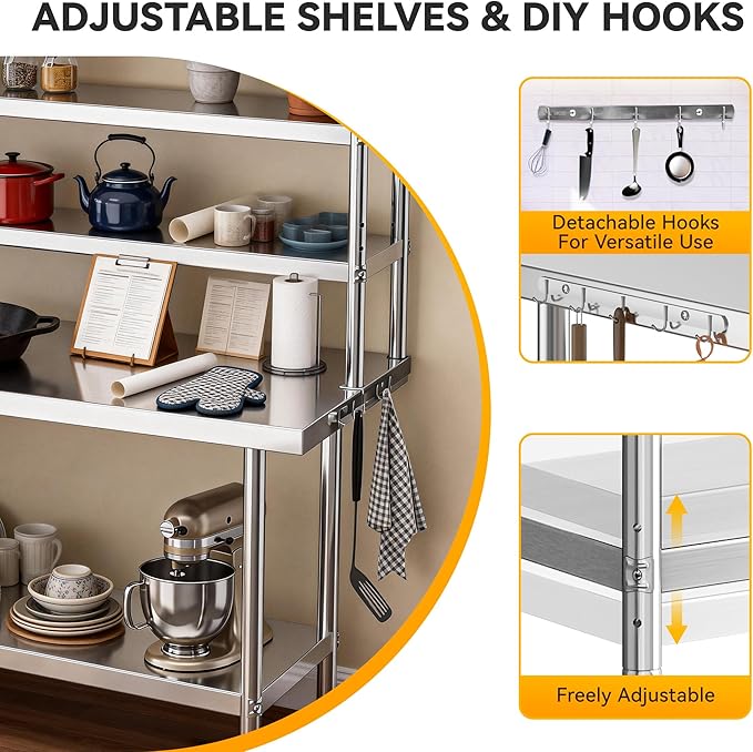 DWVO 42x24in Stainless Steel Table, NSF Metal Prep Worktable with Adjustable Overshelf for Kitchen Restaurant Hotel Garage Warehouse Home