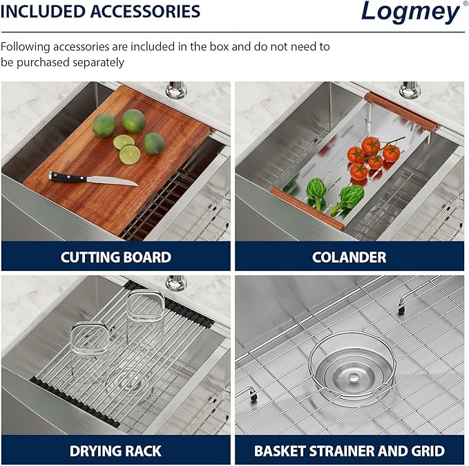 Logmey 33 Inch Farmhouse Sink Double Bowl 50/50 Sink 33x21 Inch Stainless Steel Apron Front Kitchen Sink Ledge Workstation Low Divide Double Bowl 50/50 16 Gauge Farm Kitchen Sinks