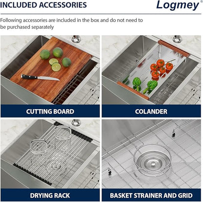 Logmey 33 Inch Farmhouse Sink Double Bowl 50/50 Sink 33x21 Inch Stainless Steel Apron Front Kitchen Sink Ledge Workstation Low Divide Double Bowl 50/50 16 Gauge Farm Kitchen Sinks