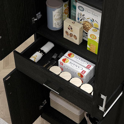 71" Kitchen Pantry, Freestanding Storage Cabinet with Drawer and Adjustable Shelf, 2 Double Door Cupboards, Black, Easy to Maintain, for Dining Room