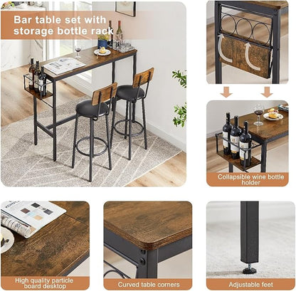 Wycian Kitchen Island Table, Bar Height Outdoor Table 3PCS Particle Board Rustic Brown with Wine Bottle Storage Rack Living Room Bedroom