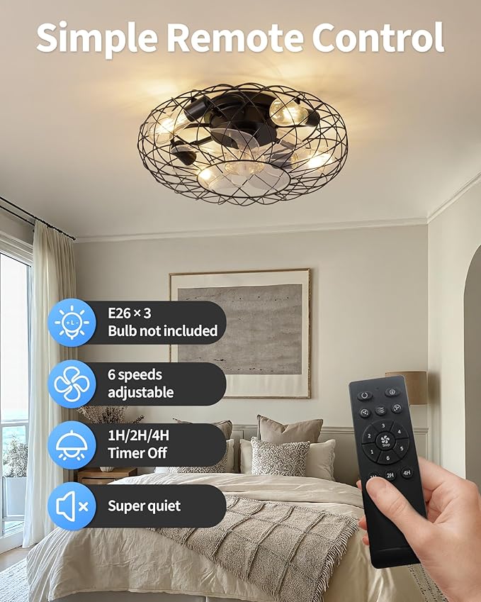 KDG 19.7″ Retro Low Profile LED Ceiling Fans with Light, Reversible Ceiling Fans Flush Mount with Remote and 6 Speeds, E26 Base Buld for Bedroom, Dinning Room, Kids Room, Kitchen