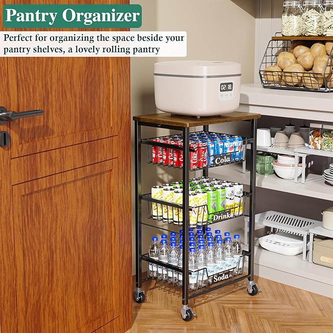OKZEST 4-Tier Small Kitchen Storage Cart on Wheels, Metal Fruit Basket Stand with Pull-Out Baskets & Wood Top for Potato Onion Produce Snack Veggies