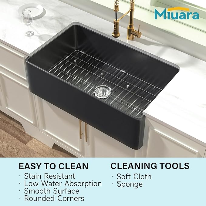 Miuara Black Farmhouse Sink 33 Inch - Large Apron Front Undermount Kitchen Sink 33x20x10, Farm House Style Deep Single Bowl, Heavy Duty Solid Fireclay, Matte Black, for Kitchen