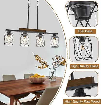 4-Light Dining Room Light Fixture/Chandelier Over Table, Island Lighting Hanging for Farmhouse Linear Chandeliers Matte Black Rustic Wood Ceiling Pendant Light Fixtures, with Clear Glass Shade
